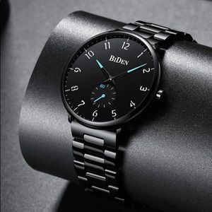 Minimalist Black Stainless Steel Analog Quartz Wrist Watch Biden NIB